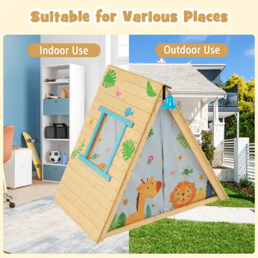 2-in-1 Wooden Kids Triangle Playhouse with Climbing Wall and Front Bell