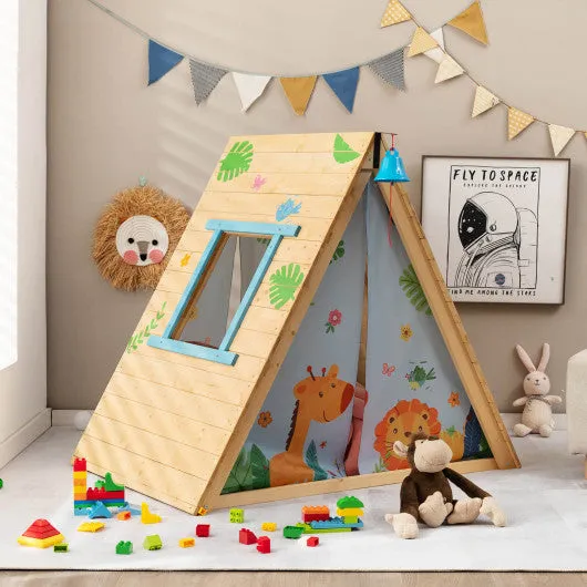 2-in-1 Wooden Kids Triangle Playhouse with Climbing Wall and Front Bell