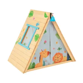 2-in-1 Wooden Kids Triangle Playhouse with Climbing Wall and Front Bell