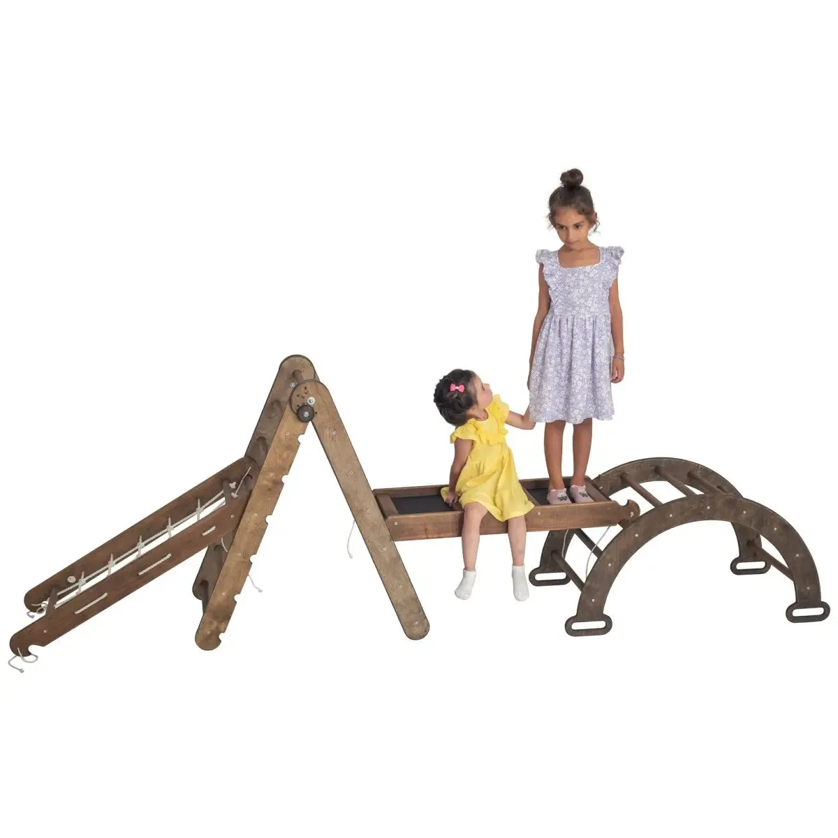 4in1 Montessori Climbing Set: Triangle Ladder   Arch/Rocker   Slide Board/Ramp   Climbing Net – Beige