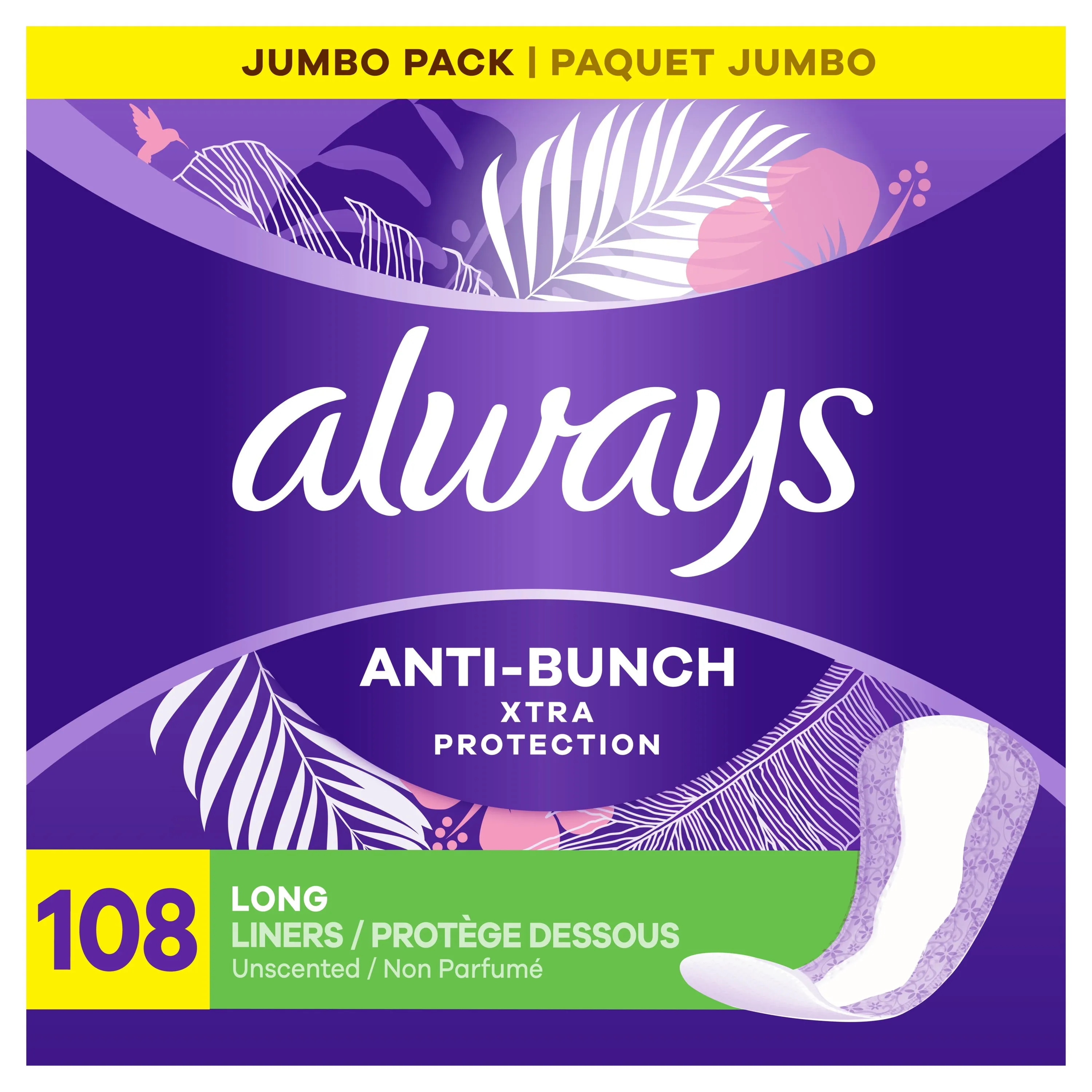 Always Anti-Bunch Xtra Protection Daily Liners Long Length, 108 Ct