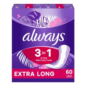 Always Xtra Protection 3-in-1 Daily Liners for Women, Extra Long Length, 60 CT