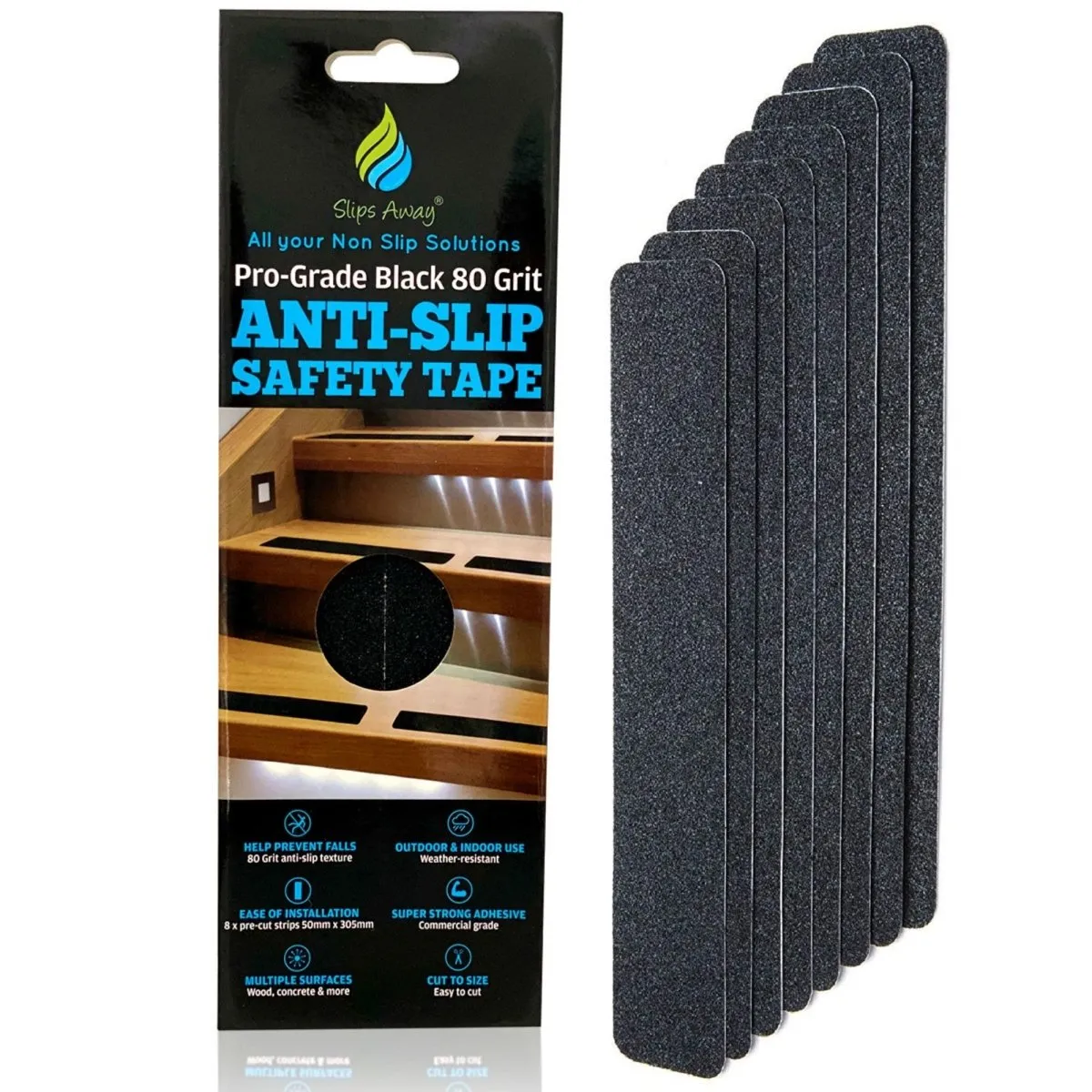 Anti Slip Tape Pre Cut Treads in Black 12" x 2 " 8x Pack