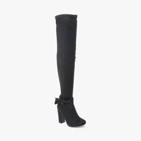 Black Faux Suede Bow Detail Over The Knee Boot