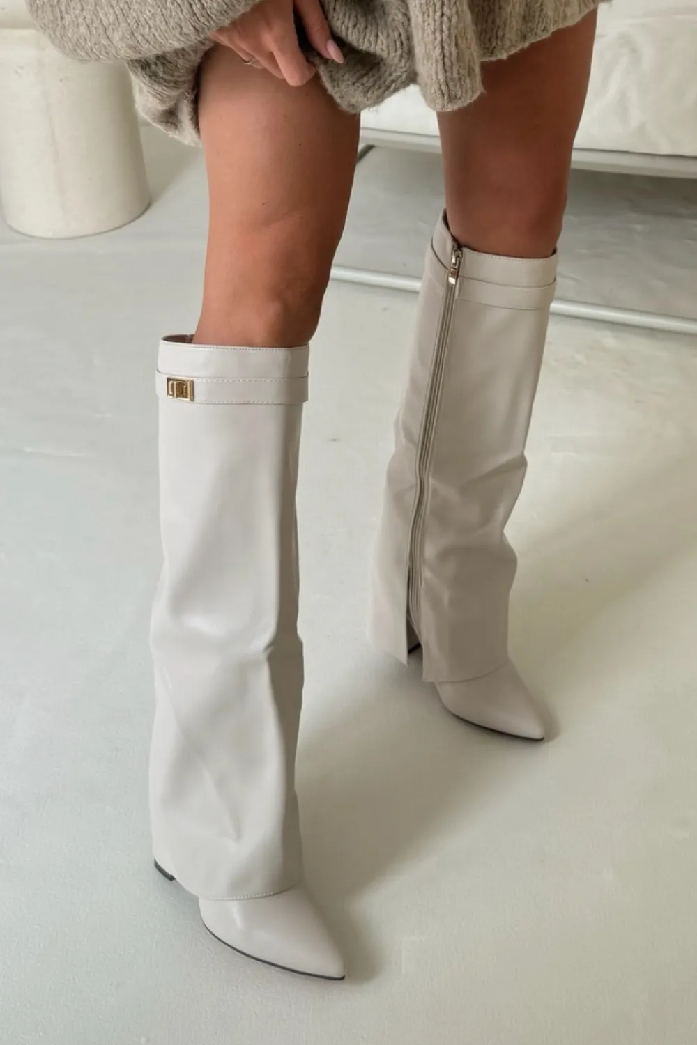 Bonnie beige knee high fold over heel boots