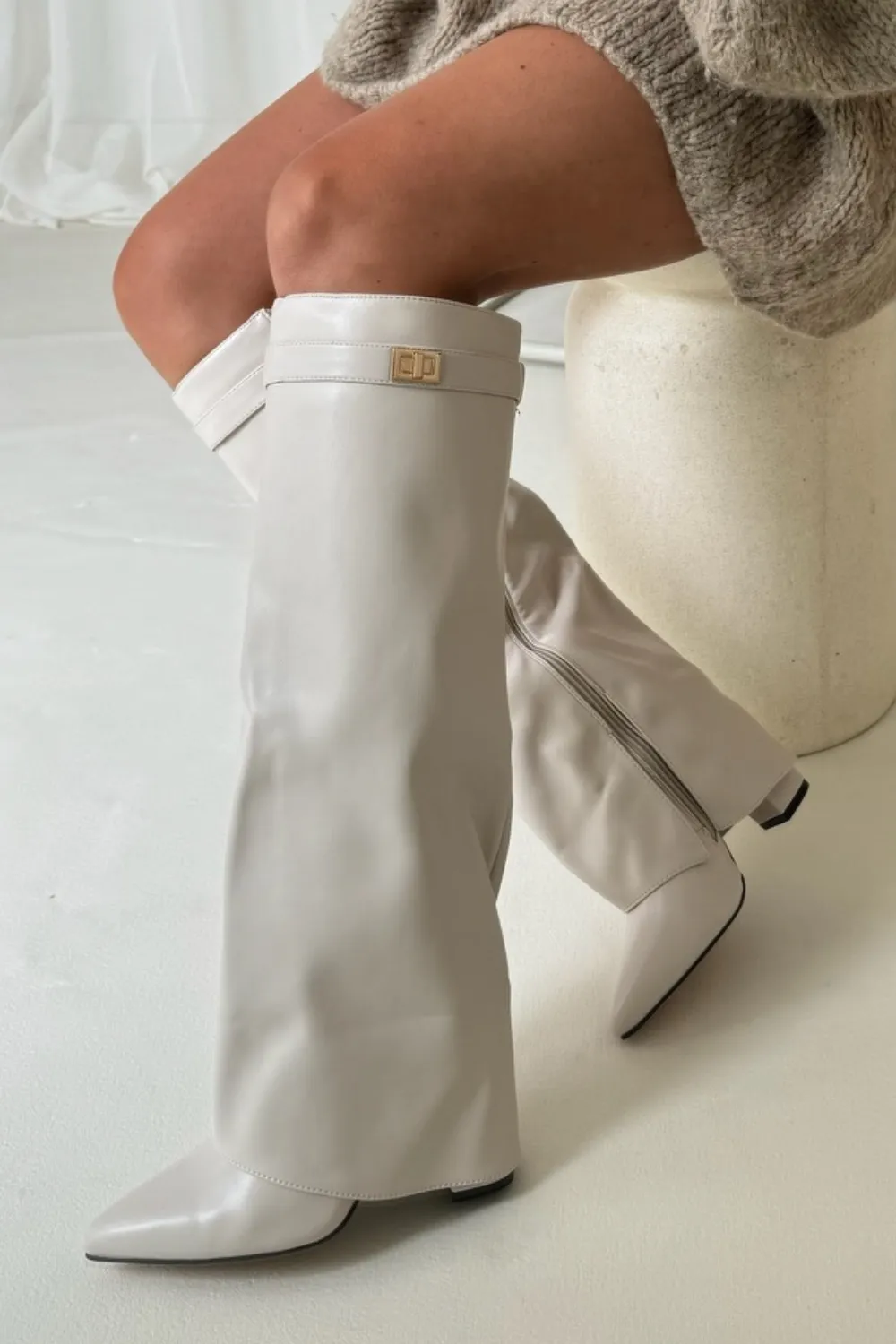 Bonnie beige knee high fold over heel boots