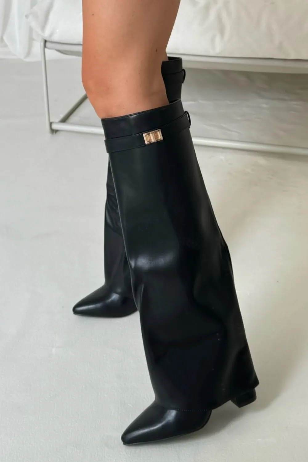 Bonnie black knee high fold over heel boots