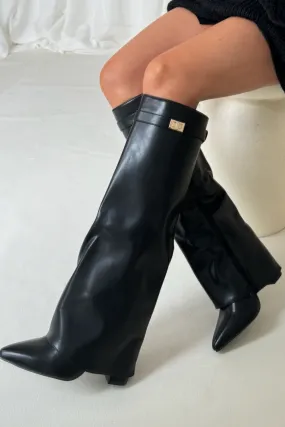 Bonnie black knee high fold over heel boots