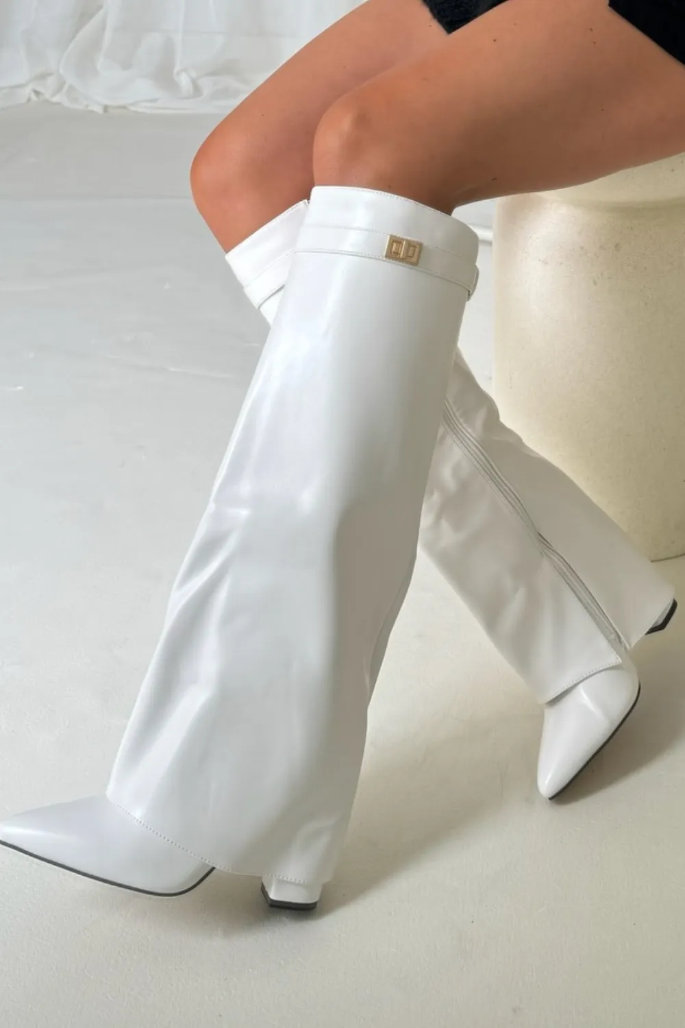 Bonnie white knee high fold over heel boots