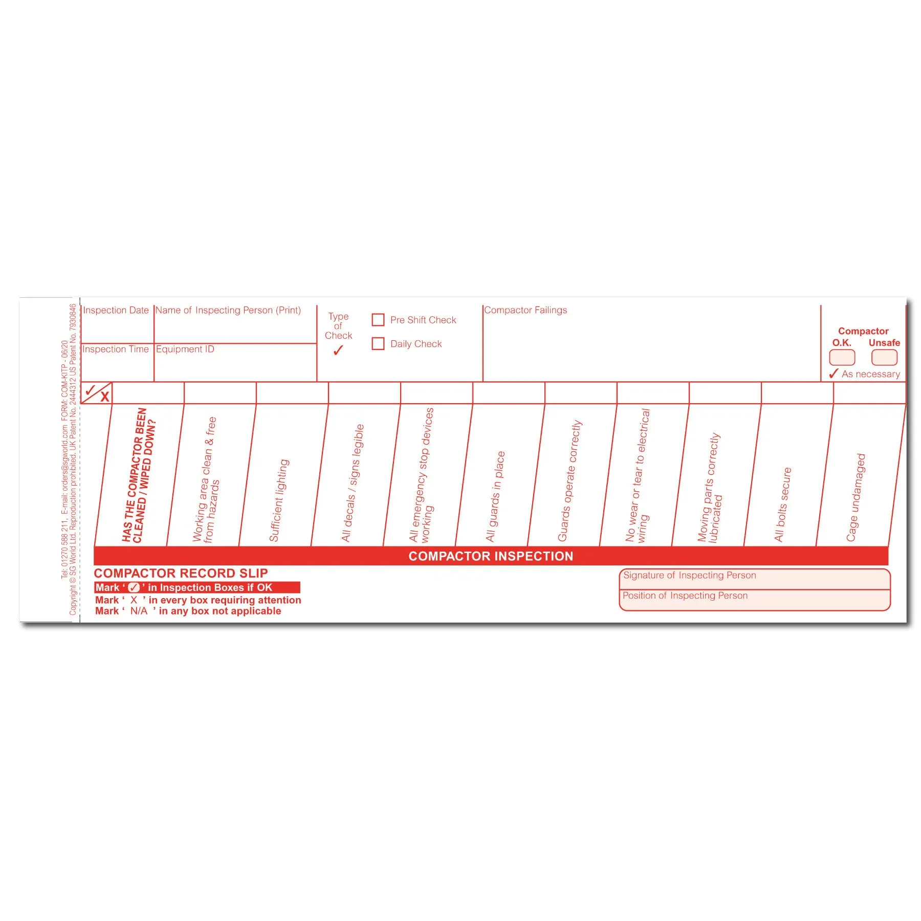 Compactor Pre-Use Visual Inspection Checklist (pad of 30)