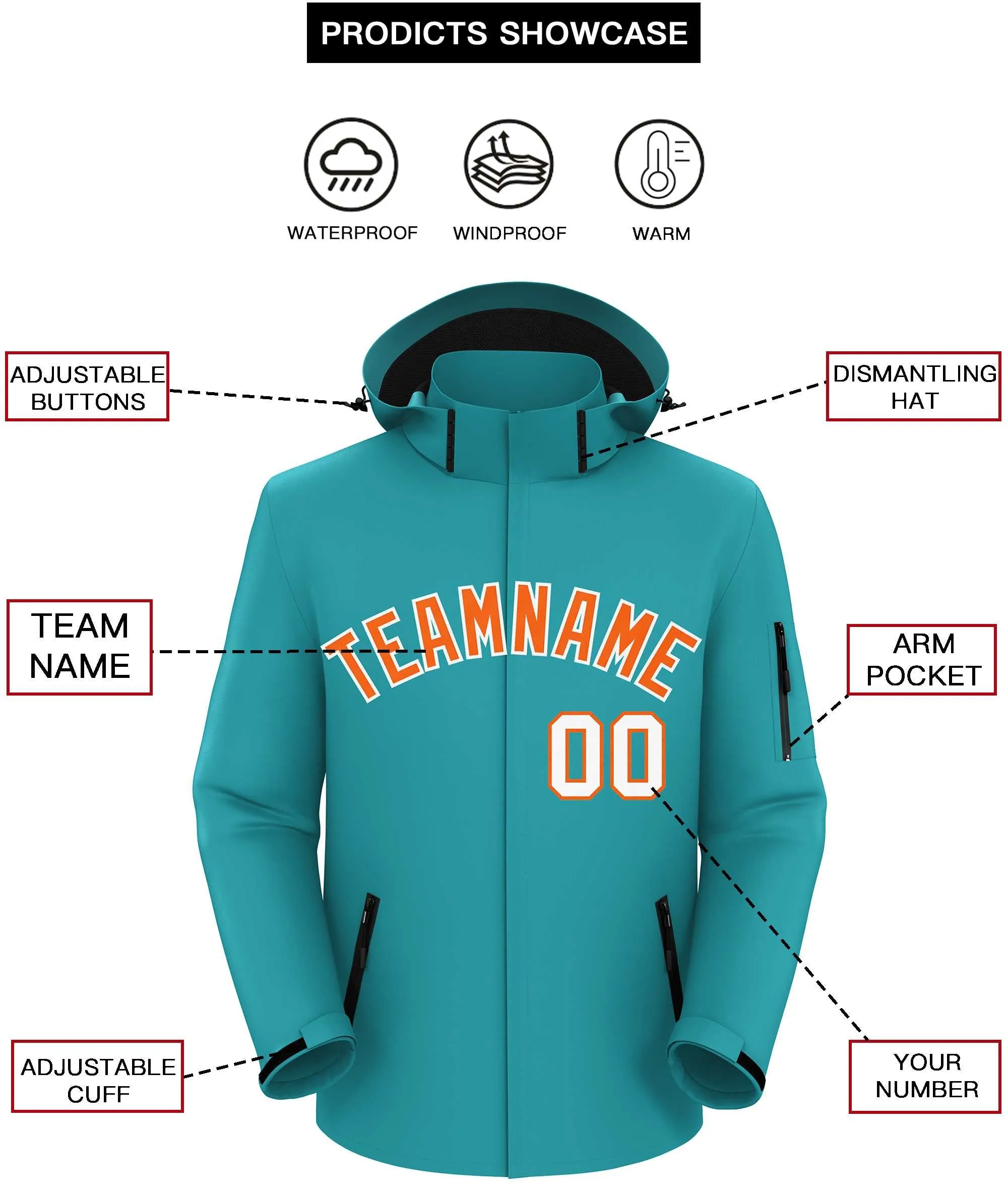 Custom Aqua Orange-White Classic Style Waterproof Jacket