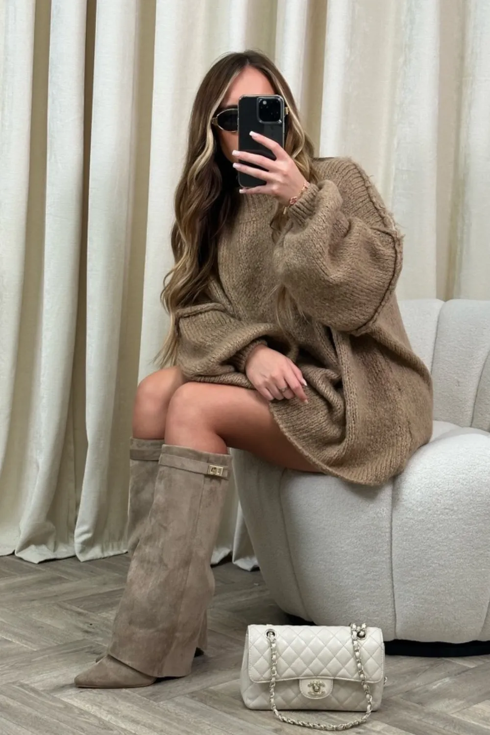 Emily beige suede knee high fold over heel boots