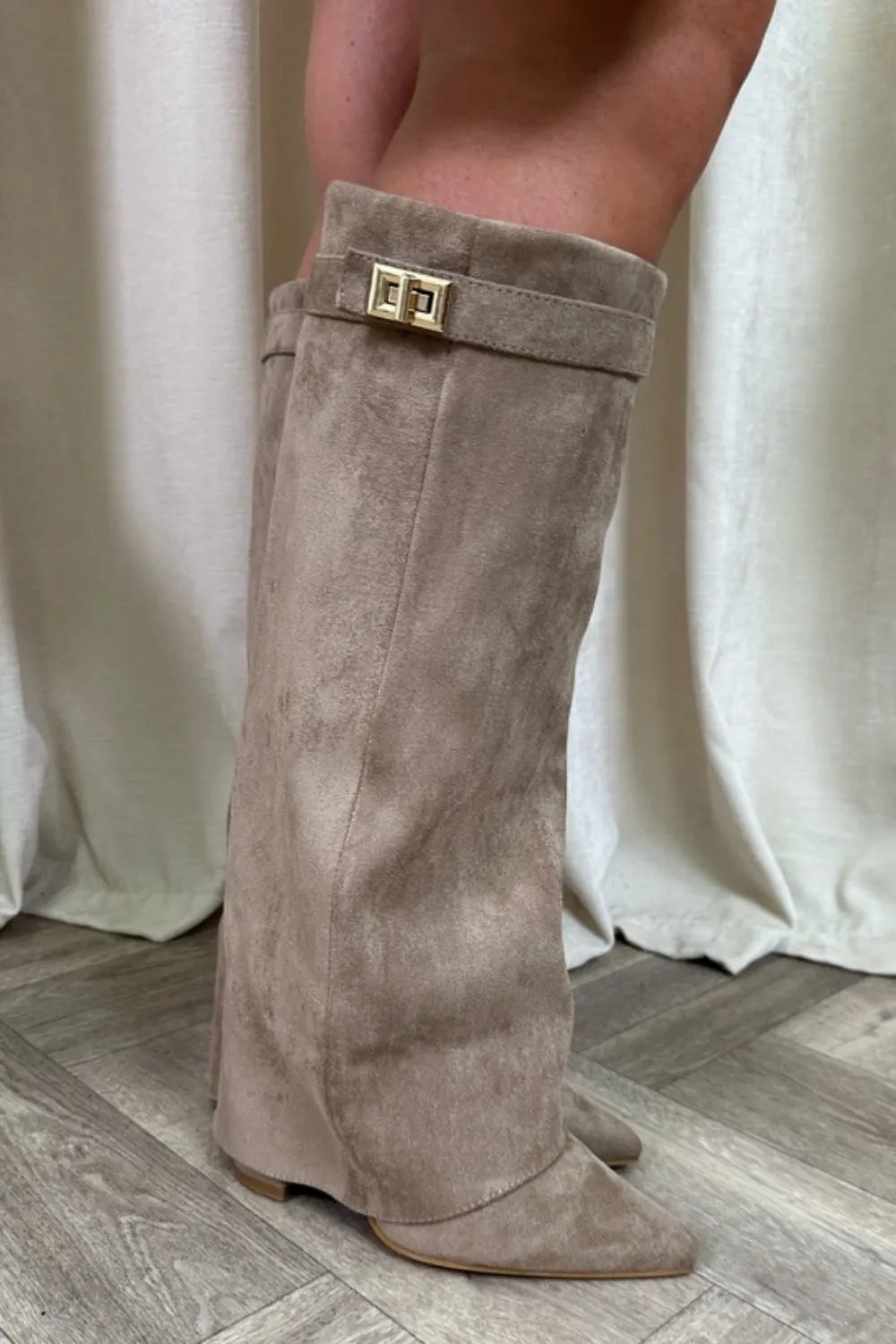 Emily beige suede knee high fold over heel boots