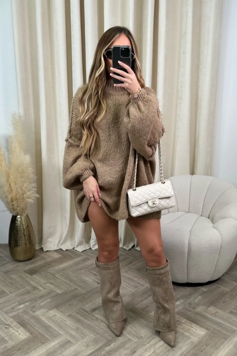 Emily beige suede knee high fold over heel boots