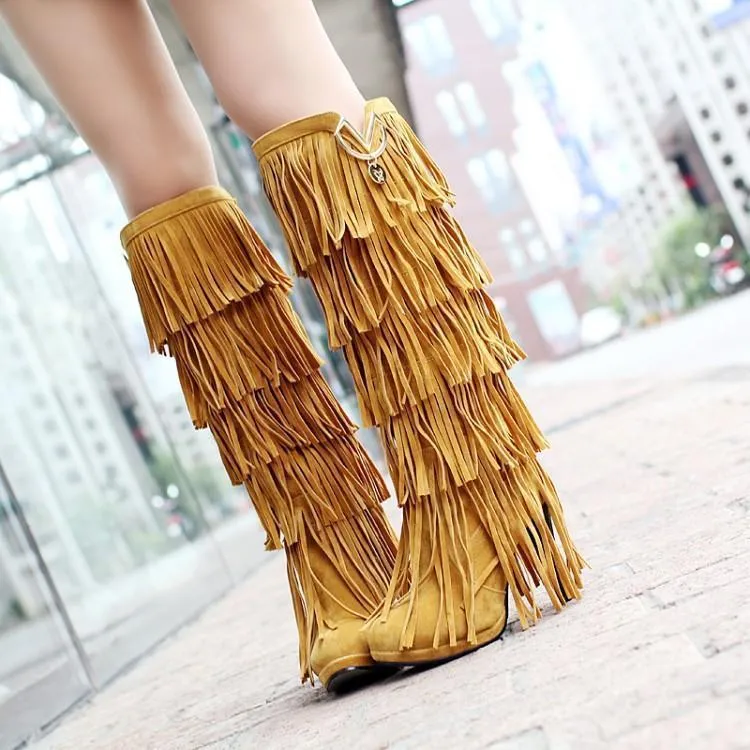 Fringed boots 32-43 large size women s Boots high-heeled waterproof multi-layer tassel high boots