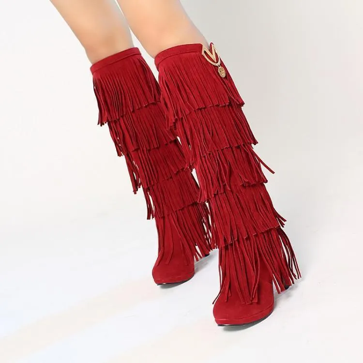 Fringed boots 32-43 large size women s Boots high-heeled waterproof multi-layer tassel high boots