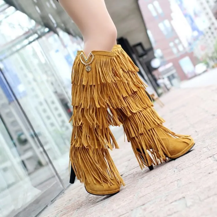 Fringed boots 32-43 large size women s Boots high-heeled waterproof multi-layer tassel high boots