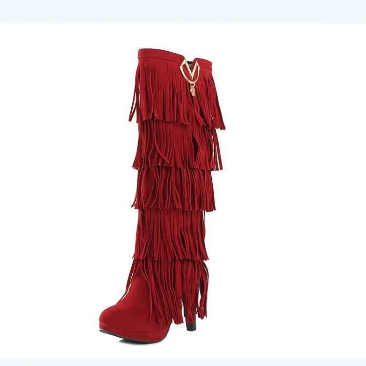 Fringed boots 32-43 large size women s Boots high-heeled waterproof multi-layer tassel high boots