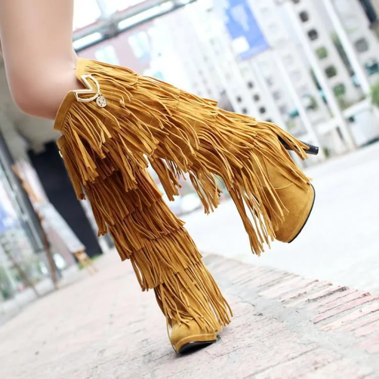 Fringed boots 32-43 large size women s Boots high-heeled waterproof multi-layer tassel high boots