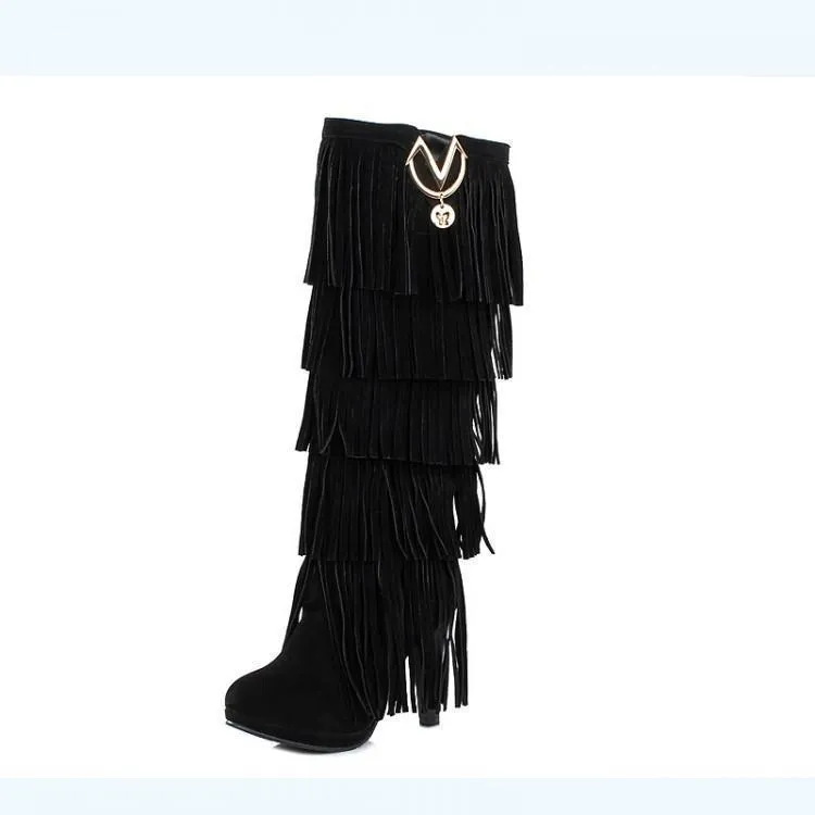 Fringed boots 32-43 large size women s Boots high-heeled waterproof multi-layer tassel high boots