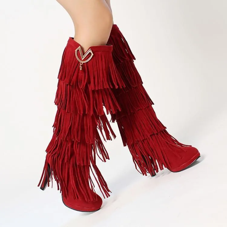 Fringed boots 32-43 large size women s Boots high-heeled waterproof multi-layer tassel high boots