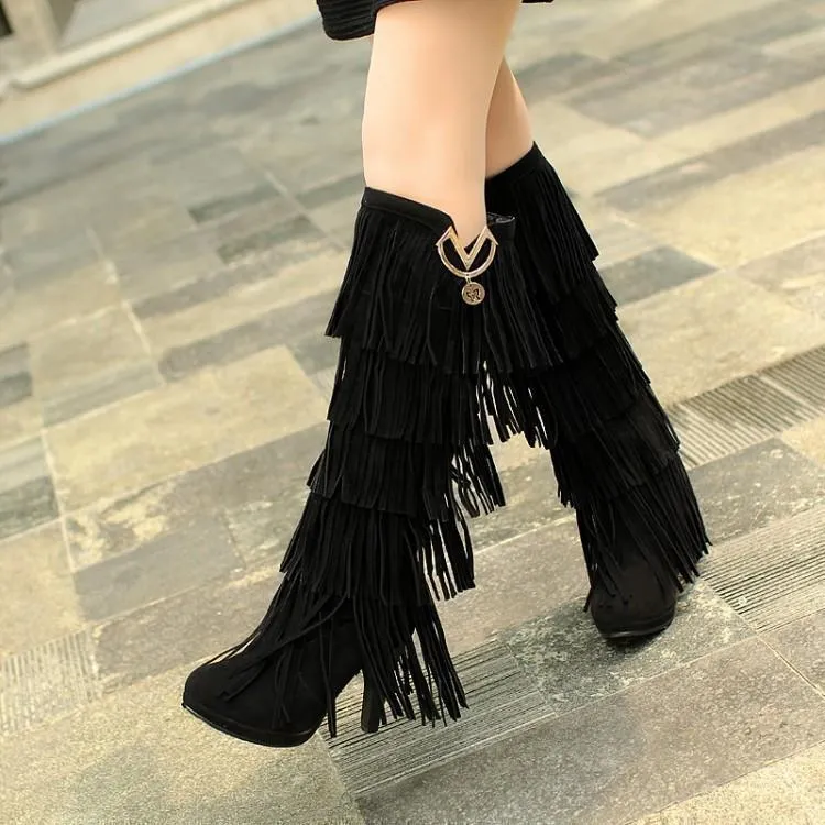 Fringed boots 32-43 large size women s Boots high-heeled waterproof multi-layer tassel high boots