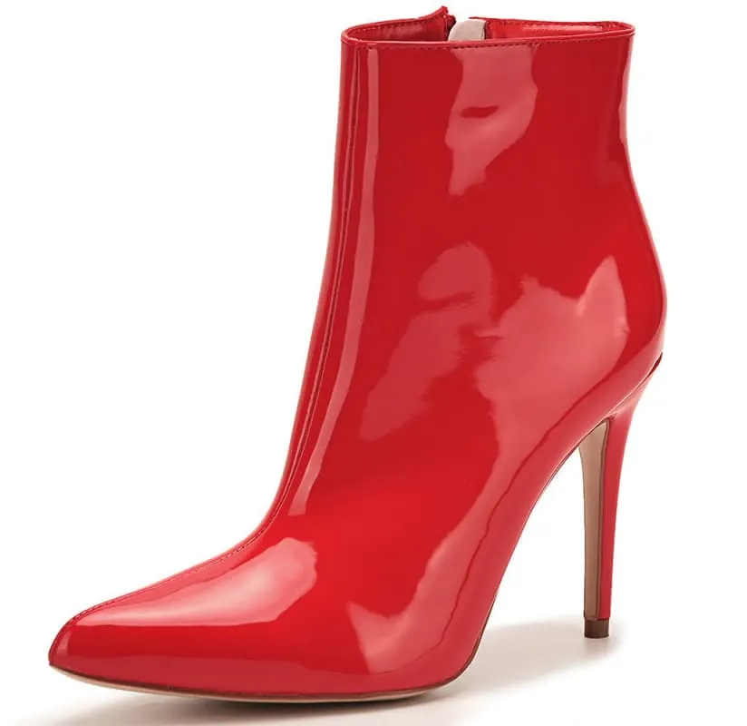 Glossy Red Vegan Patent Leather Pointed Toe High Heel Boots