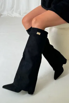 Harley black suede knee high fold over heel boots