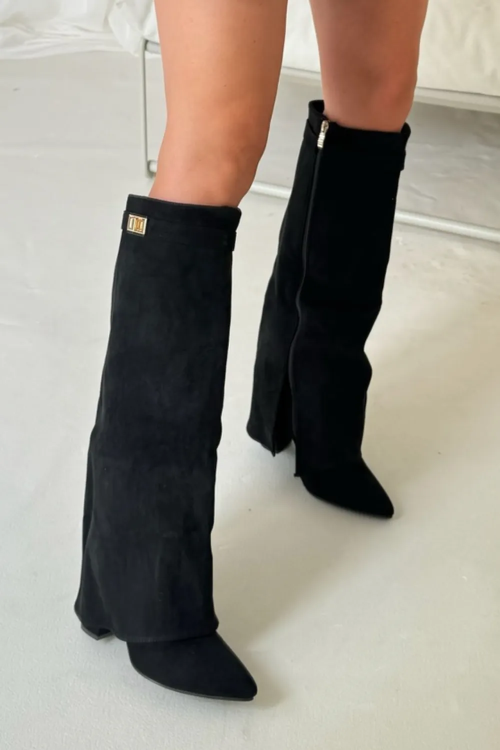 Harley black suede knee high fold over heel boots