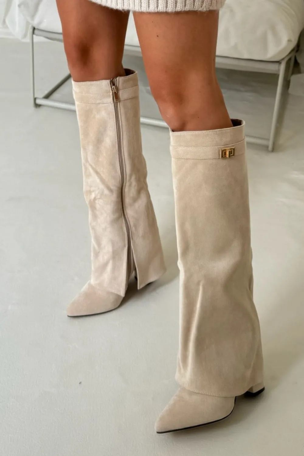 Harley cream suede knee high fold over heel boots