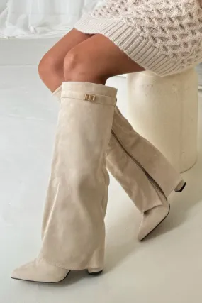 Harley cream suede knee high fold over heel boots