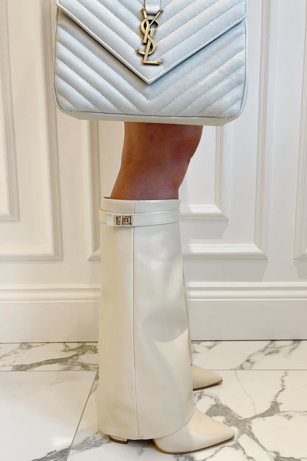 Kimmy beige knee high fold over heel boots