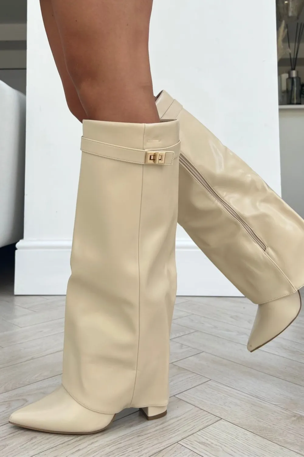 Kimmy beige knee high fold over heel boots