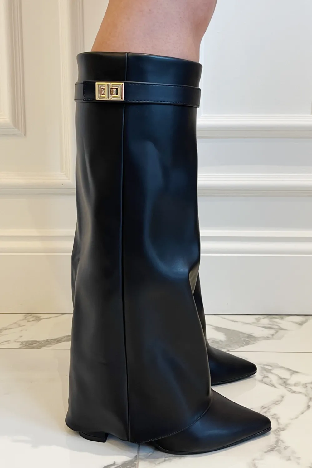 Kimmy black knee high fold over heel boots