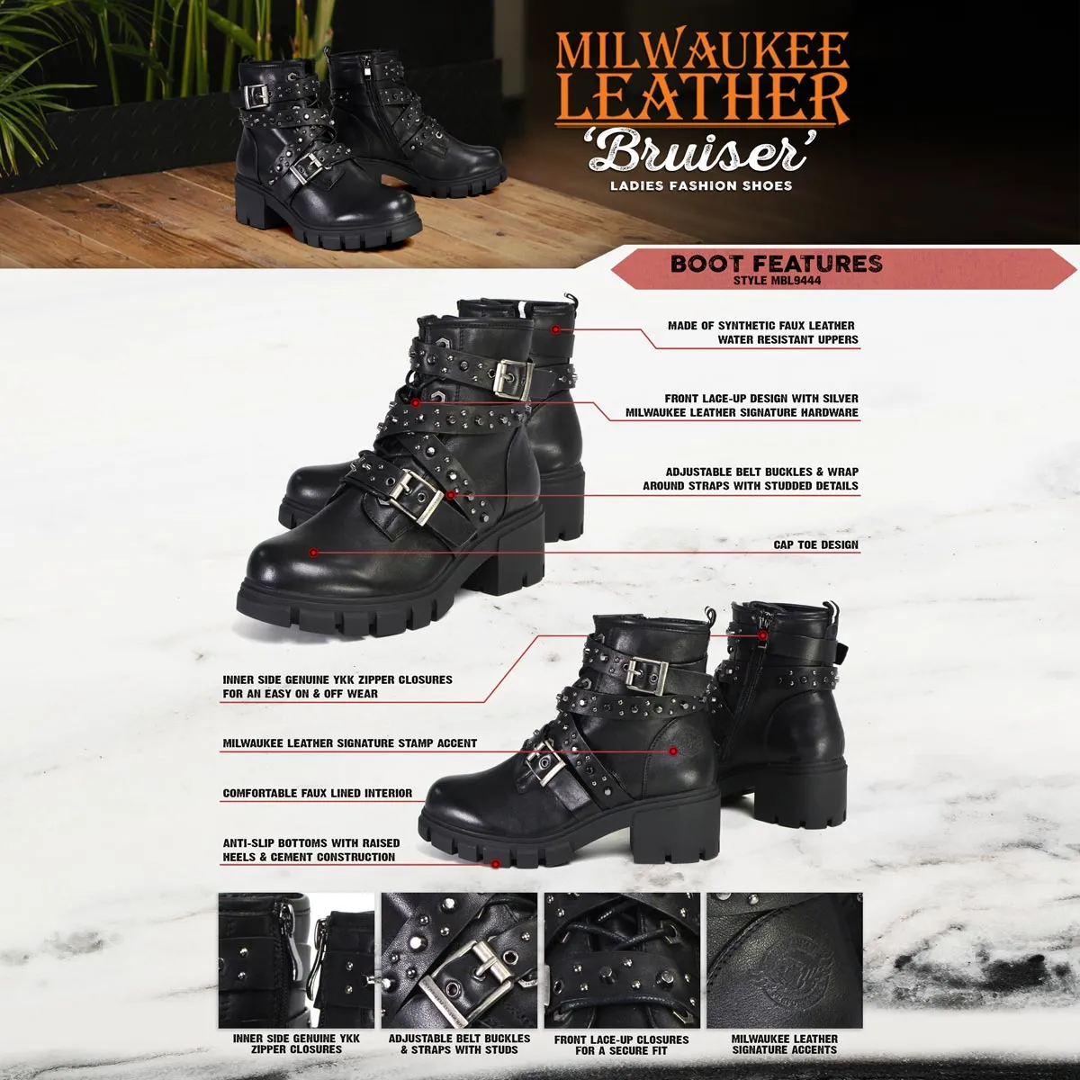 Milwaukee Leather MBL9444 Women's Bruiser Premium Black Lace-Up Fashion Boots w/ Studded Straps