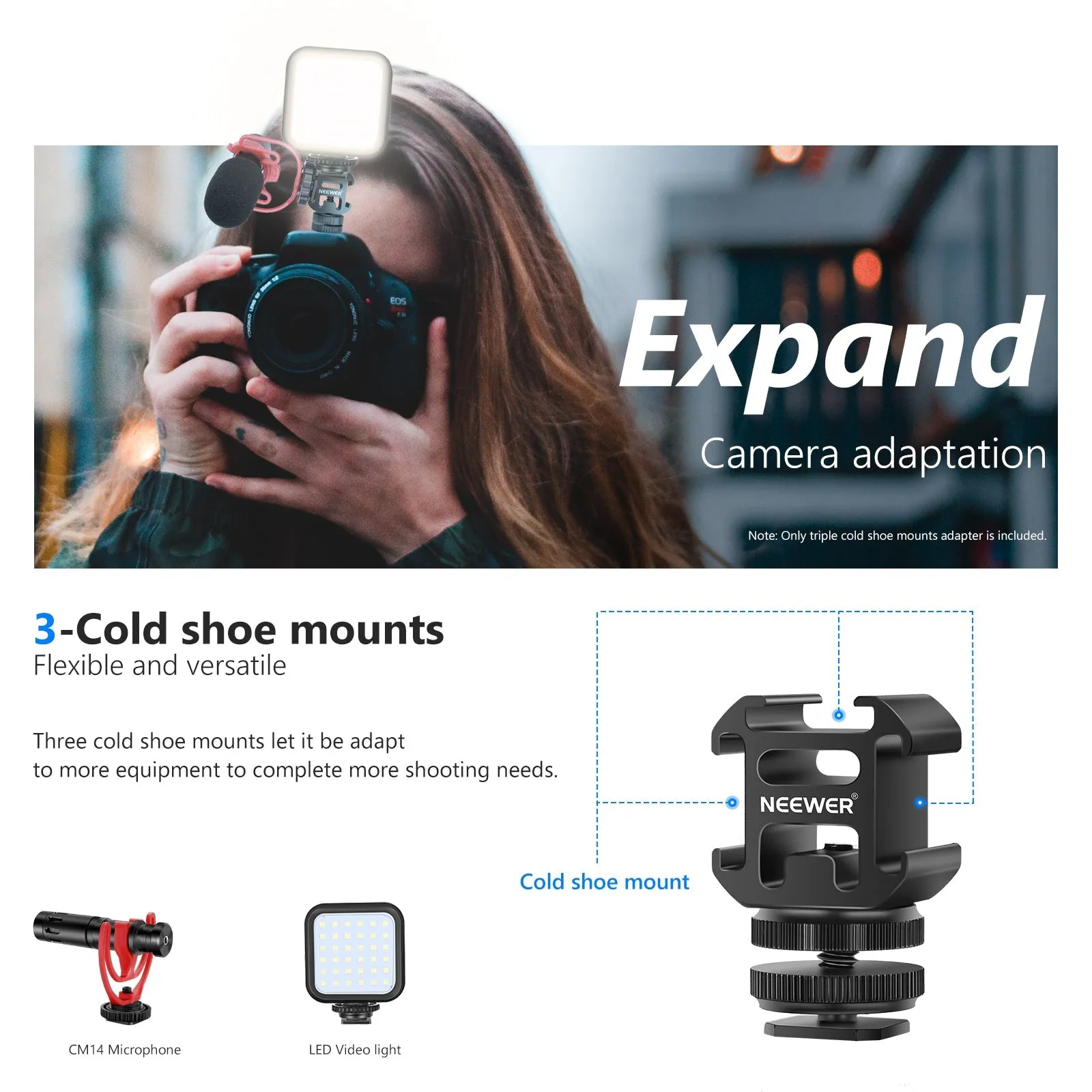 NEEWER Camera Hot Shoe Mount Adapter with Triple Cold Shoe Mounts