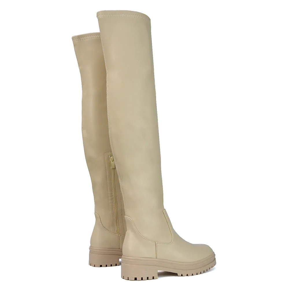 Rosalia Flat Chunky Sole Over the Knee Thigh High Long Boots in Beige Synthetic Leather