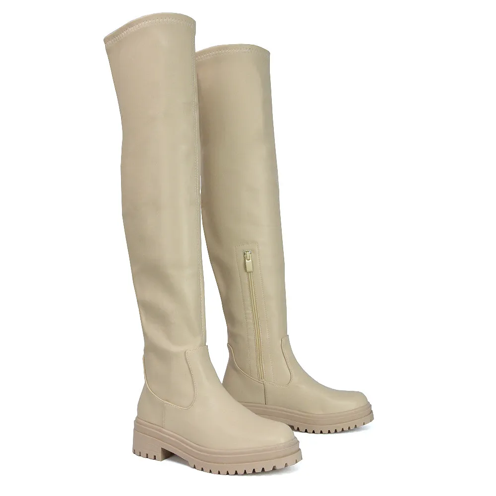 Rosalia Flat Chunky Sole Over the Knee Thigh High Long Boots in Beige Synthetic Leather