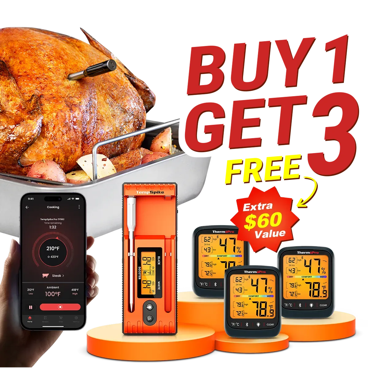 Twin TempSpike Truly Wireless Meat Thermometer Buy 1 Get 3 Free Bluetooth Hygrometer