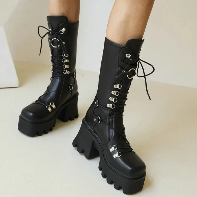 Women black motorcycle boots | Mid calf combat lace up buckle strap chunky platform boots