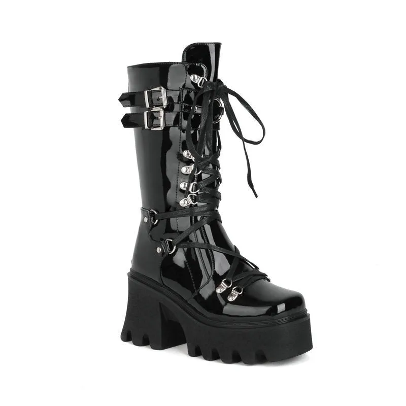 Women black motorcycle boots | Mid calf combat lace up buckle strap chunky platform boots