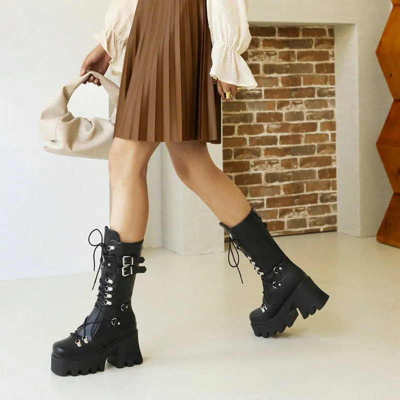 Women black motorcycle boots | Mid calf combat lace up buckle strap chunky platform boots