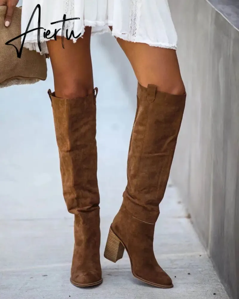 Women Suede Knee High Boots Ladies Solid Pointed Toe Tall Boots Retro Roman High Heels Shoes Female Autumn Winter Long Boot