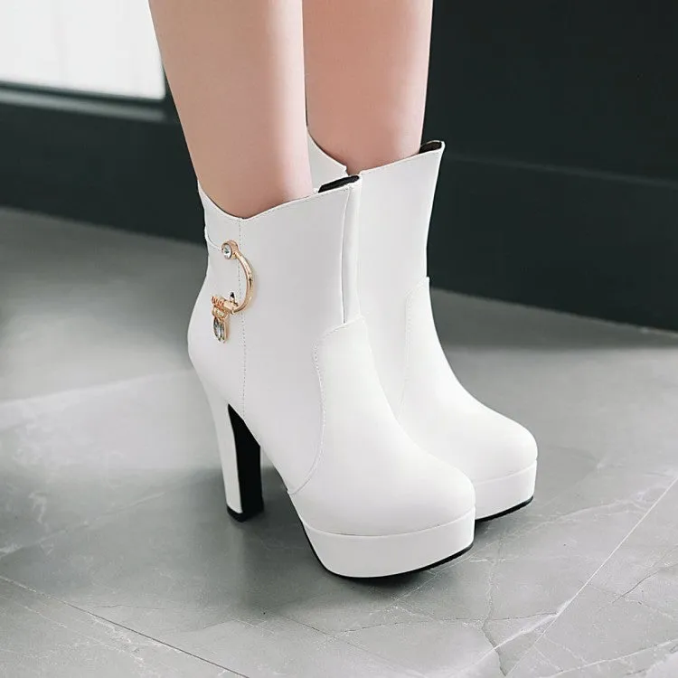 Women's Pu Leather Almond Toe Side Zippers Block Chunky Heel Platform Short Boots