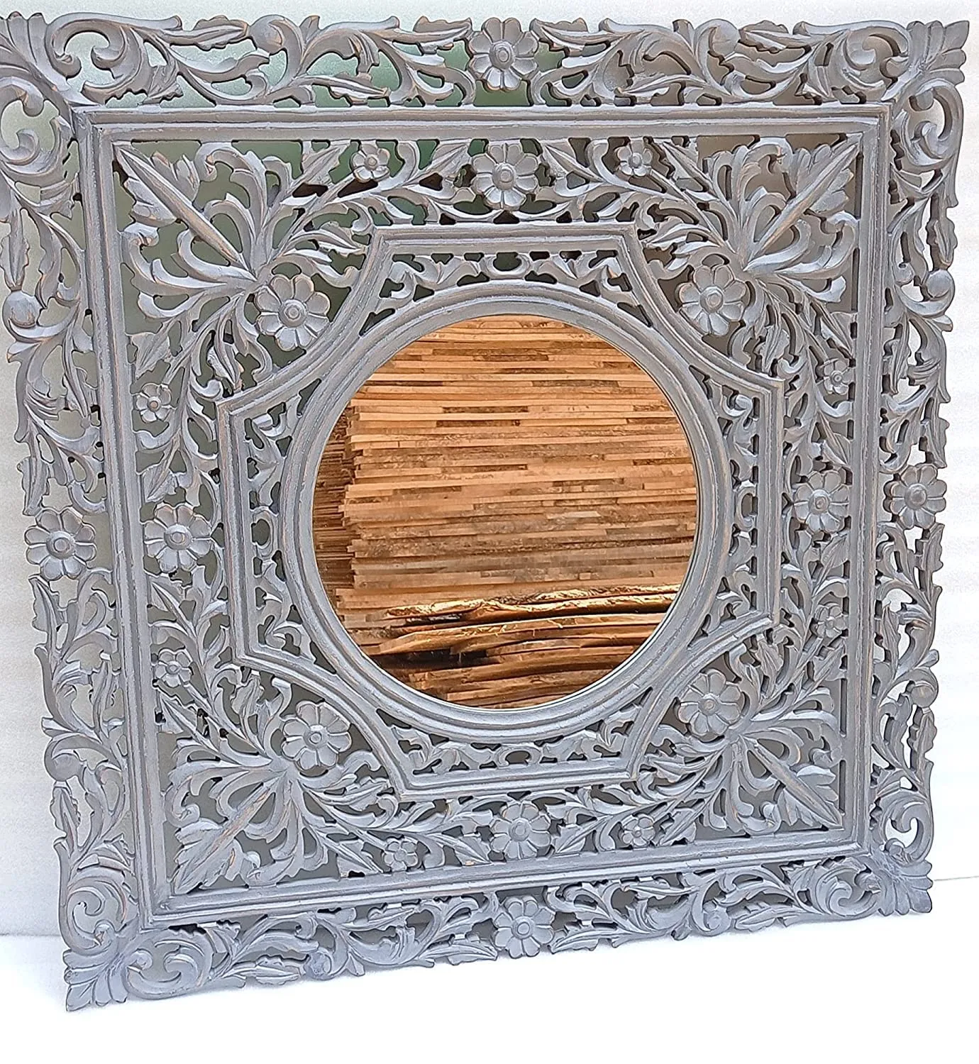 WoodIdea of Beautiful People Wood Hand Crafted Round Antique Finished Vanity Wall Mirror for Living Room, 36x36 Color is Gray No Glass Only Frame