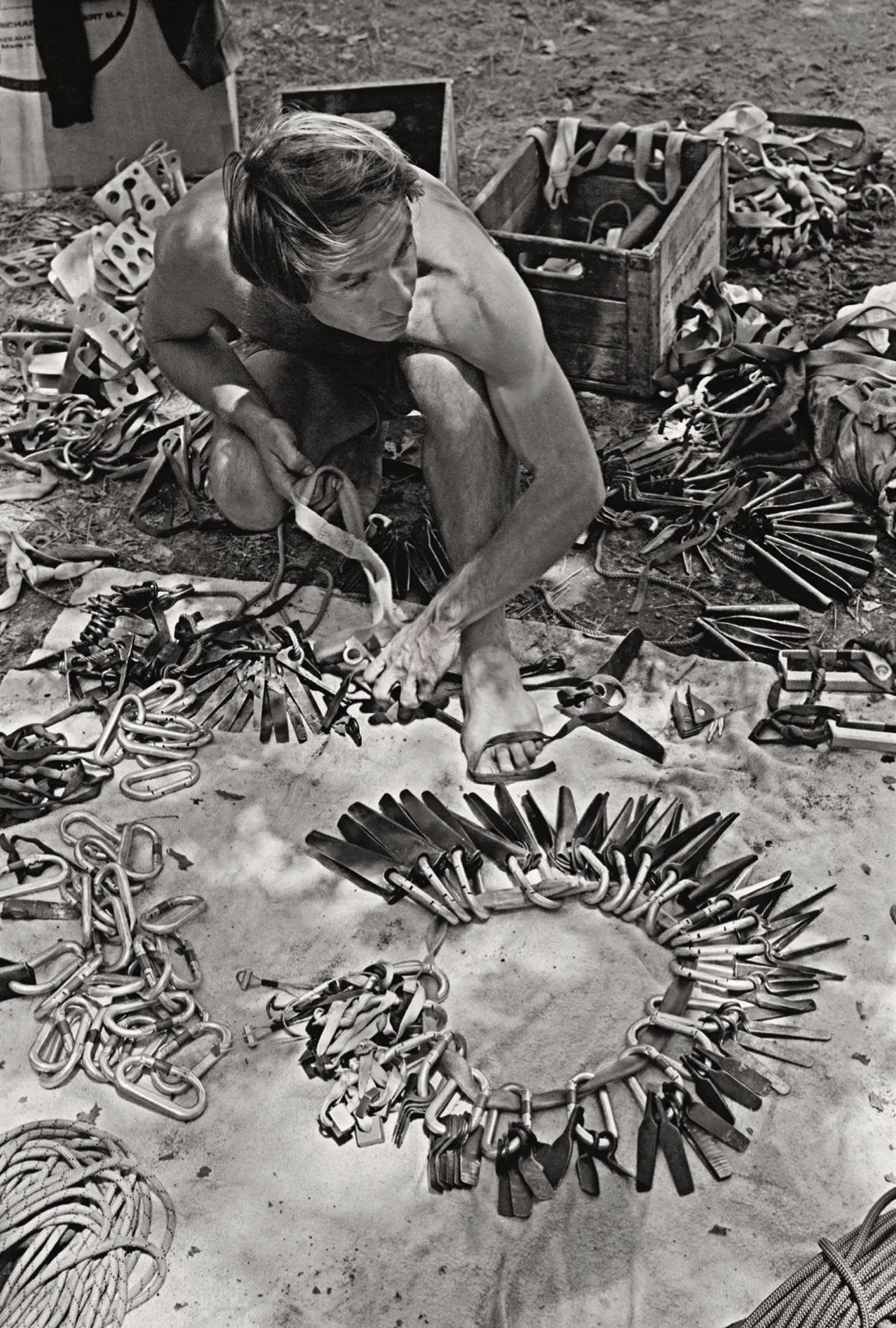 Yvon Chouinard and his circle of pitons, Camp 4, 1969